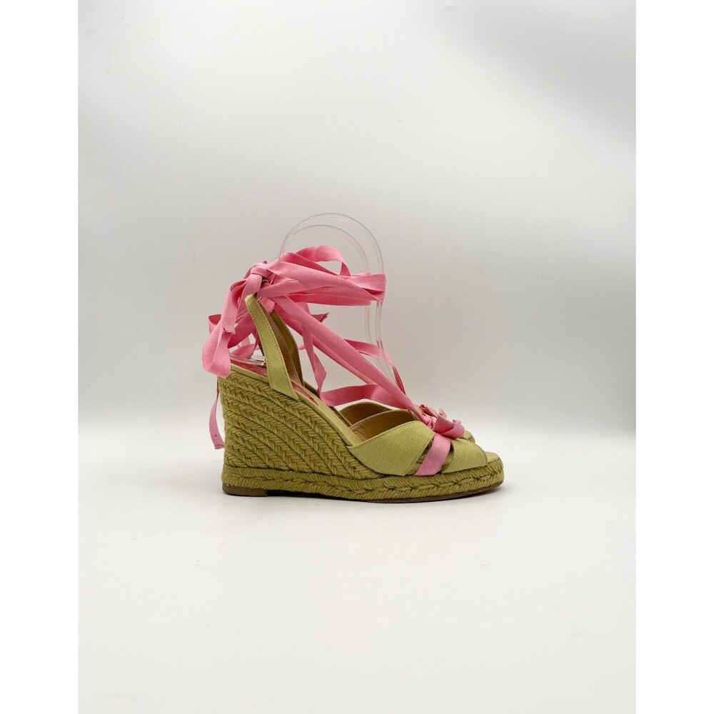 Christian Louboutin Green & Pink Canvas Wedge Espadrilles Ribbon Size EU 36